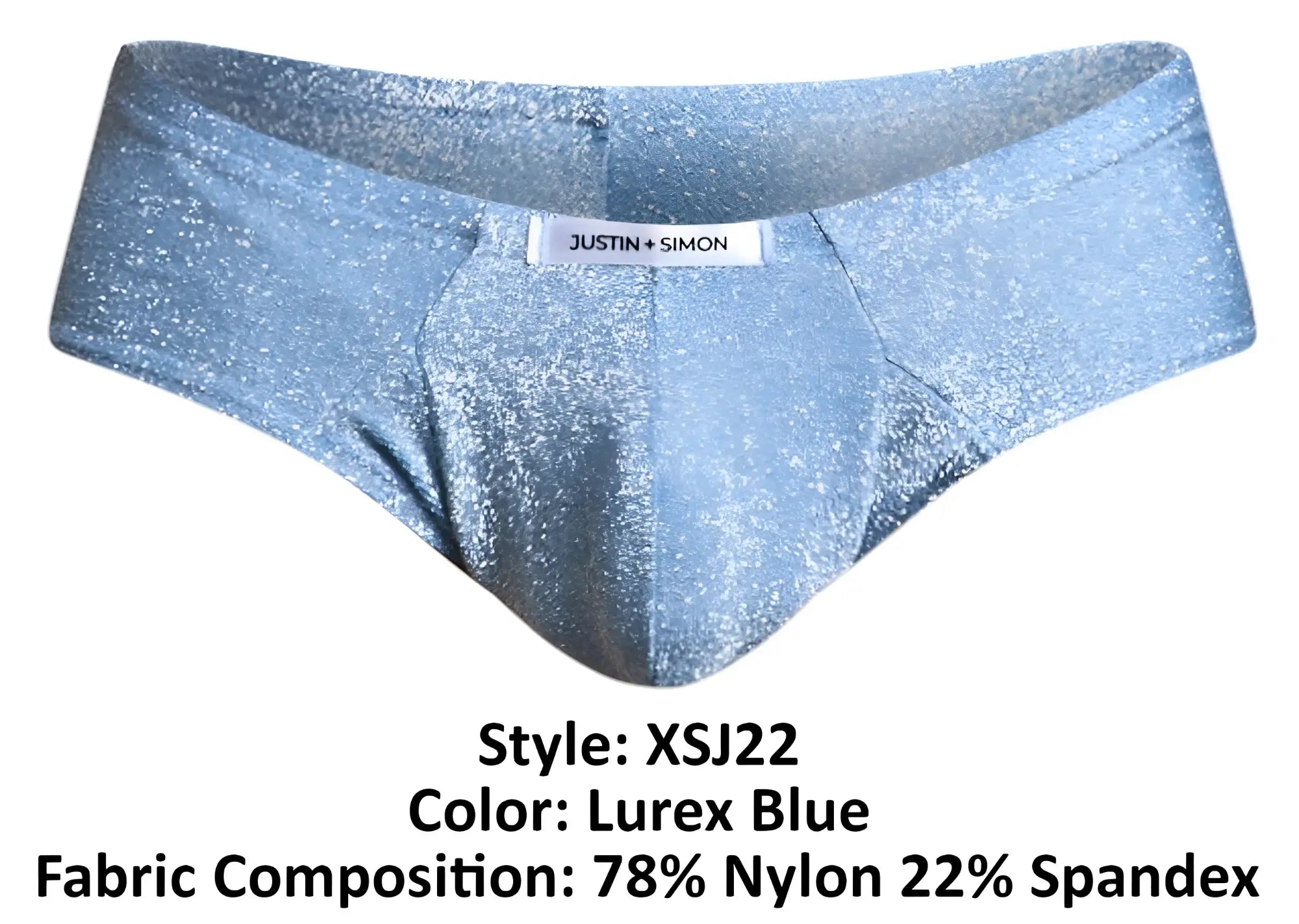 Justin simon lurex blue cheek briefs with shimmering glittery texture and stretch fabric in product xsj22 model