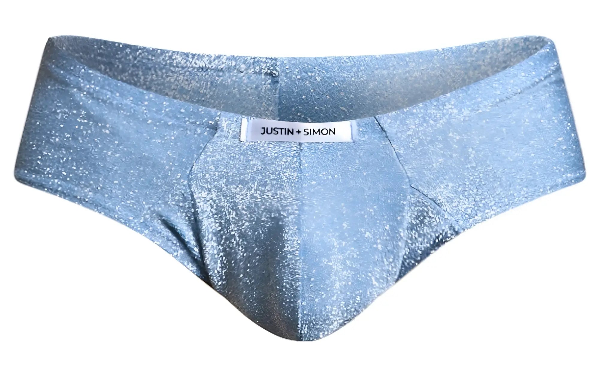 Light blue glittery lurex fabric briefs with justin simon brand label in xsj22 cheek brief style