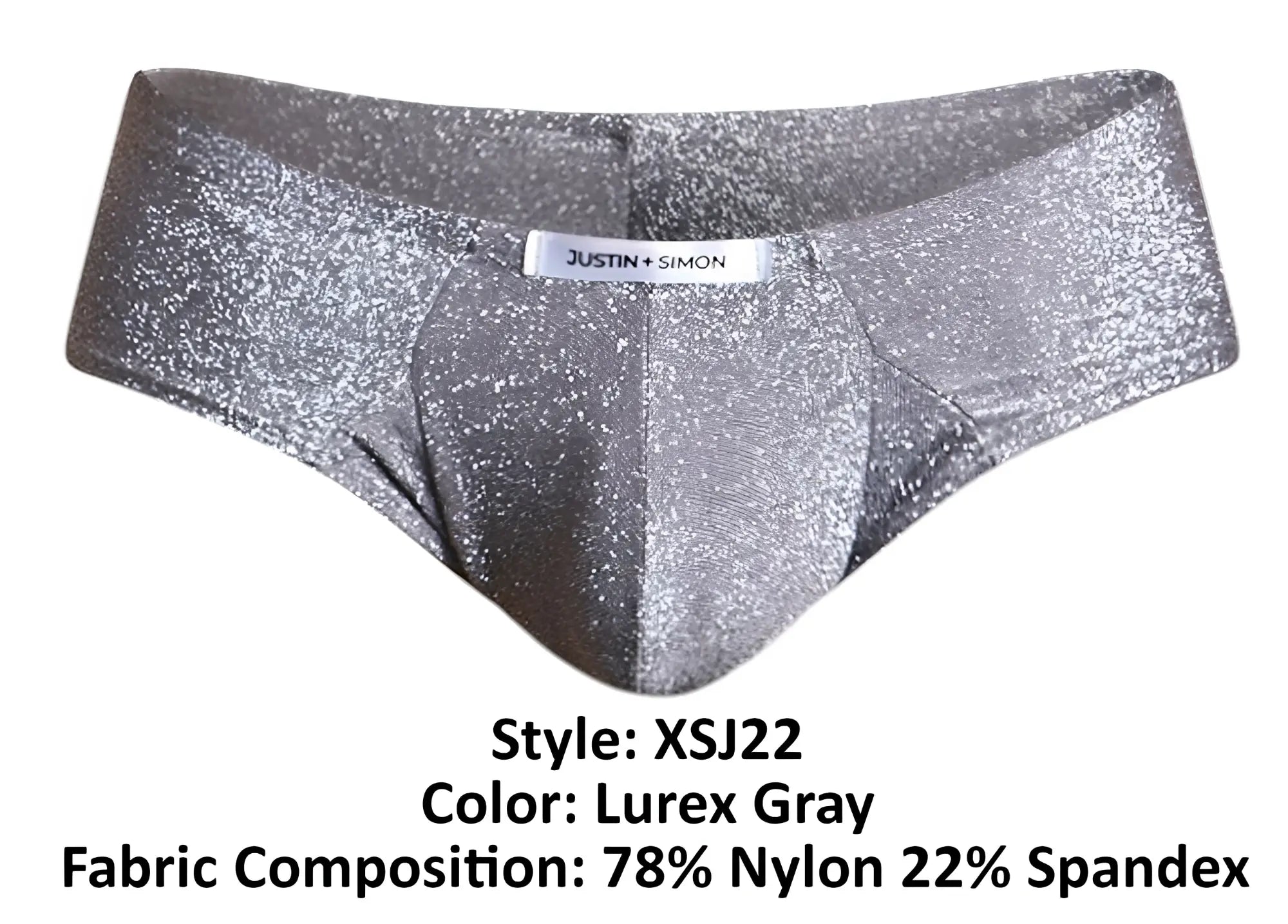 Shiny silver glittery lurex gray cheek briefs by Justin Simon style xsj22 shown from the front side