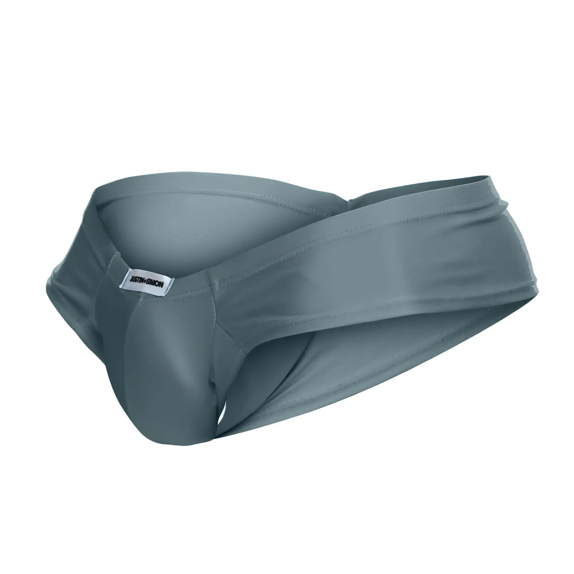 Gray smooth-textured justin simon xsj22 cheek briefs with a sleek modern design and a white waistband label