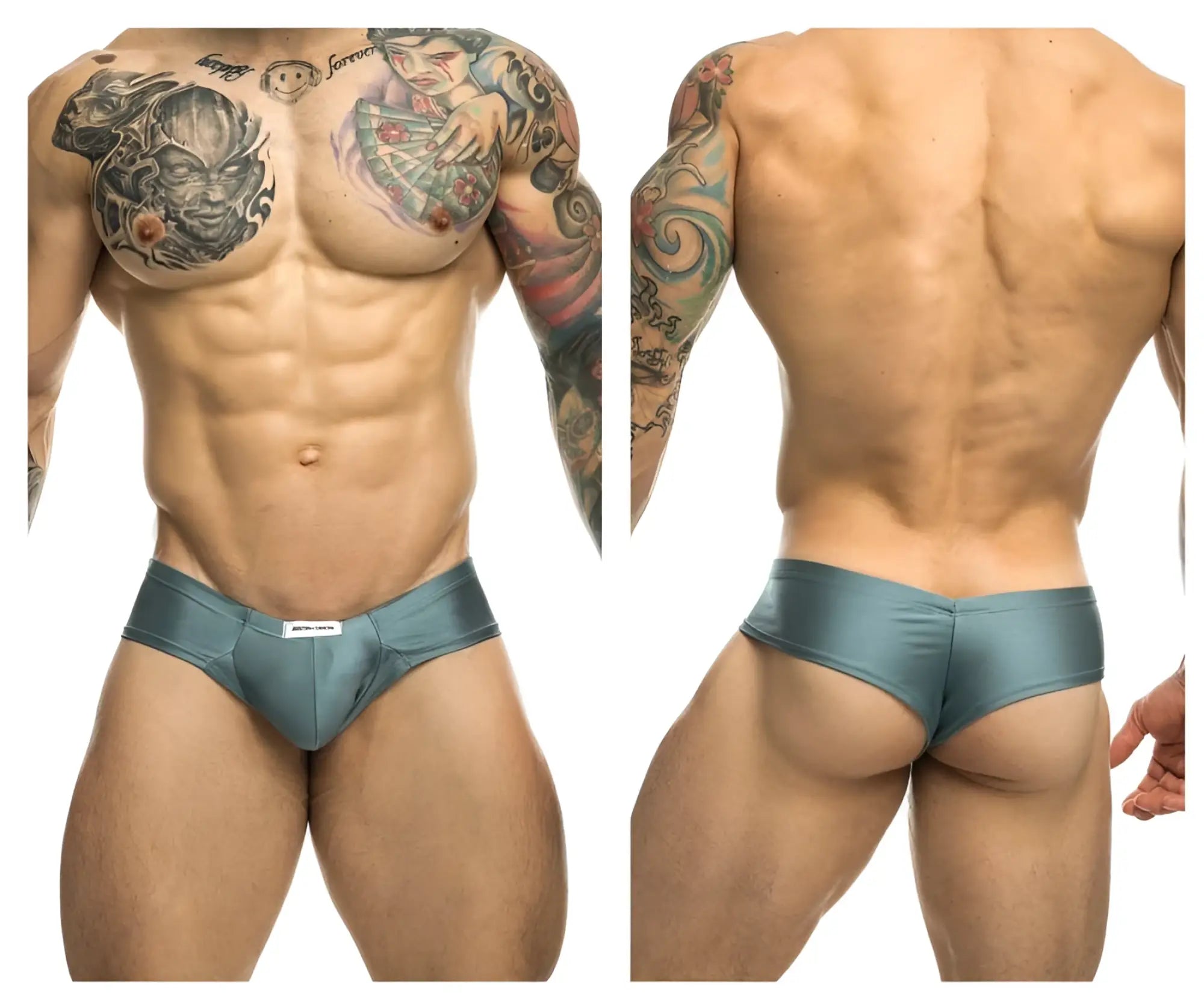 Justin plus simon xsj22 teal metallic cheek briefs with white logo on the front in metal green color