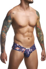 Dark blue calvin klein justin simon xsj22 cheek briefs with colorful skulls wearing hats and festive decorations