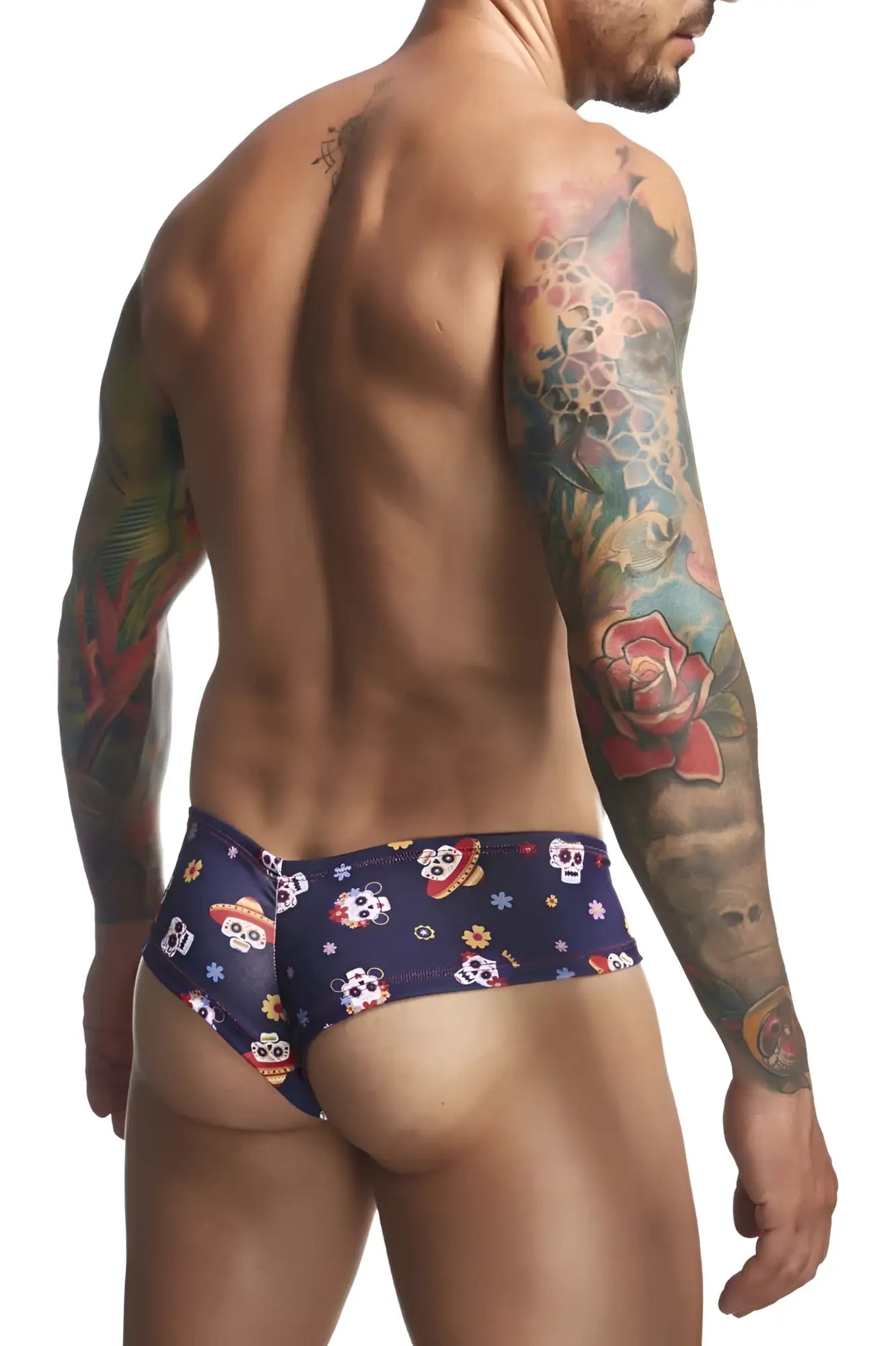 Dark blue justin simon xsj22 cheek briefs with playful sugar skull and sombrero pattern in cotton blend fabric