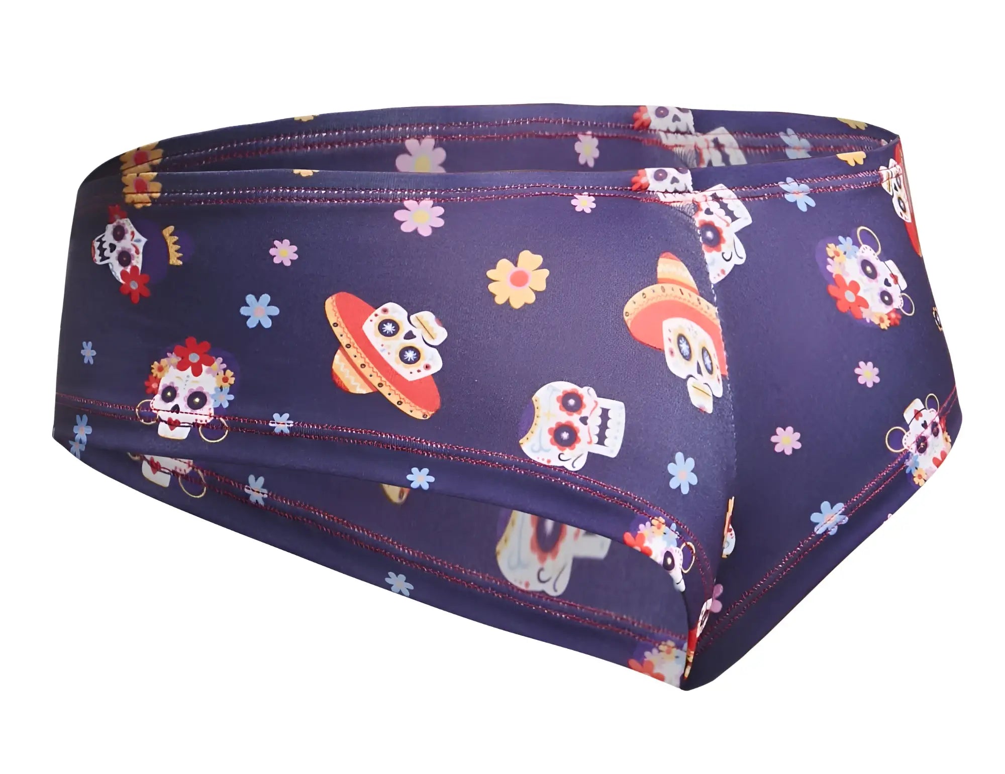 Dark blue justin simon xsj22 men’s briefs with vibrant day of the dead sugar skulls colorful flowers and sombreros design