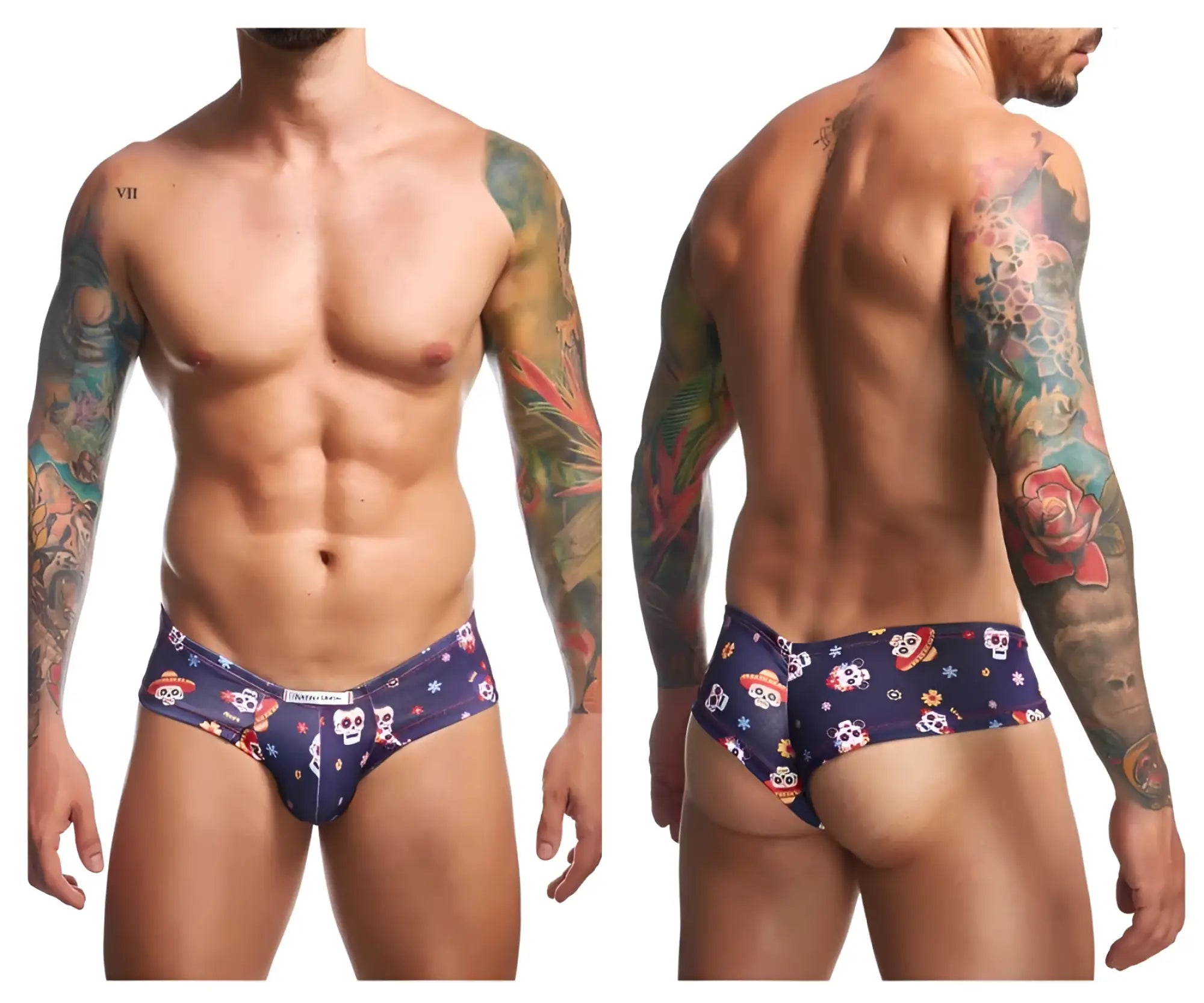 Dark blue mens briefs with vibrant colorful sugar skull pattern from justin simon xsj22 cheek briefs mexico collection