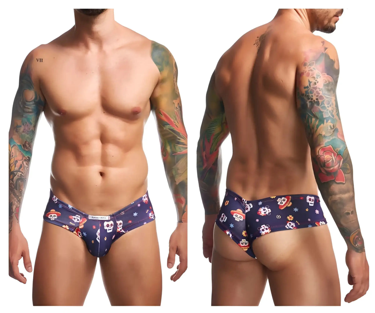 Dark blue mens briefs with vibrant colorful sugar skull pattern from justin simon xsj22 cheek briefs mexico collection
