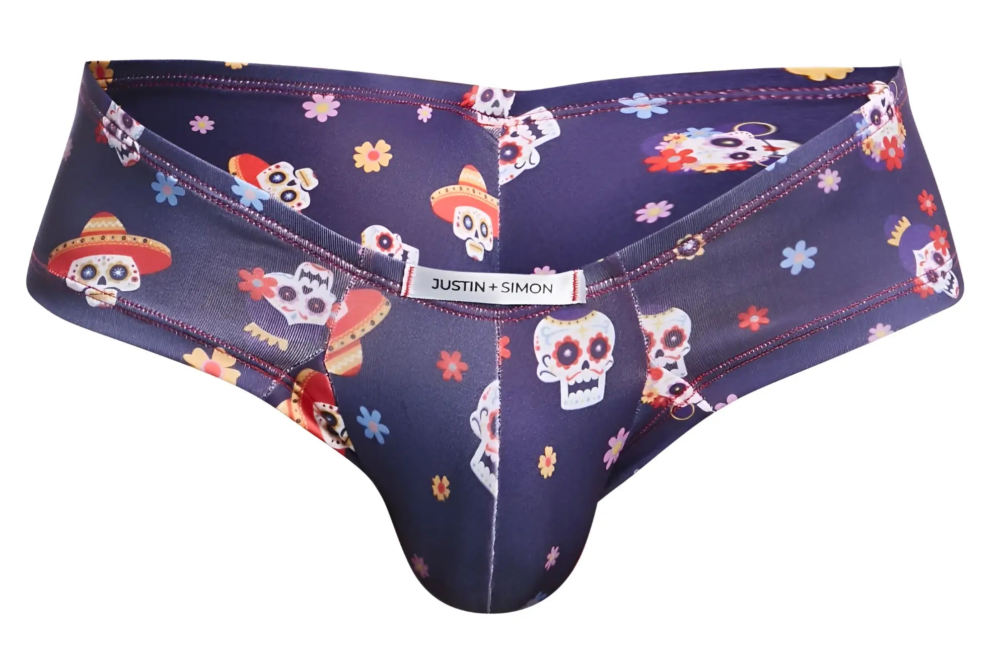 Dark blue justin simon xsj22 cheek briefs featuring vibrant sugar skull sombrero and colorful flower patterns