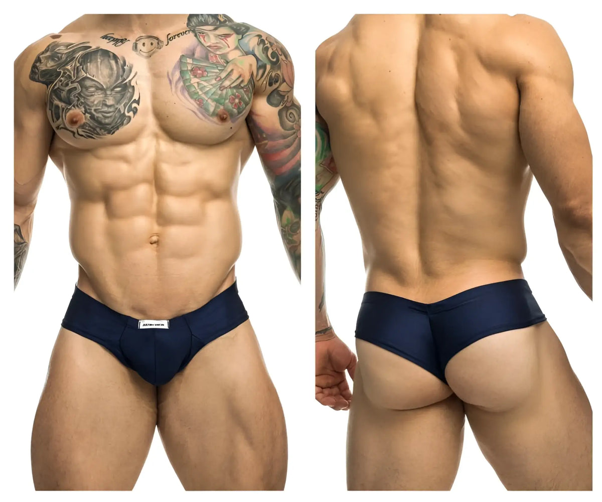Navy blue Justin+Simon XSJ22 cheek briefs with a subtle white brand tag on the waistband for athletic wear