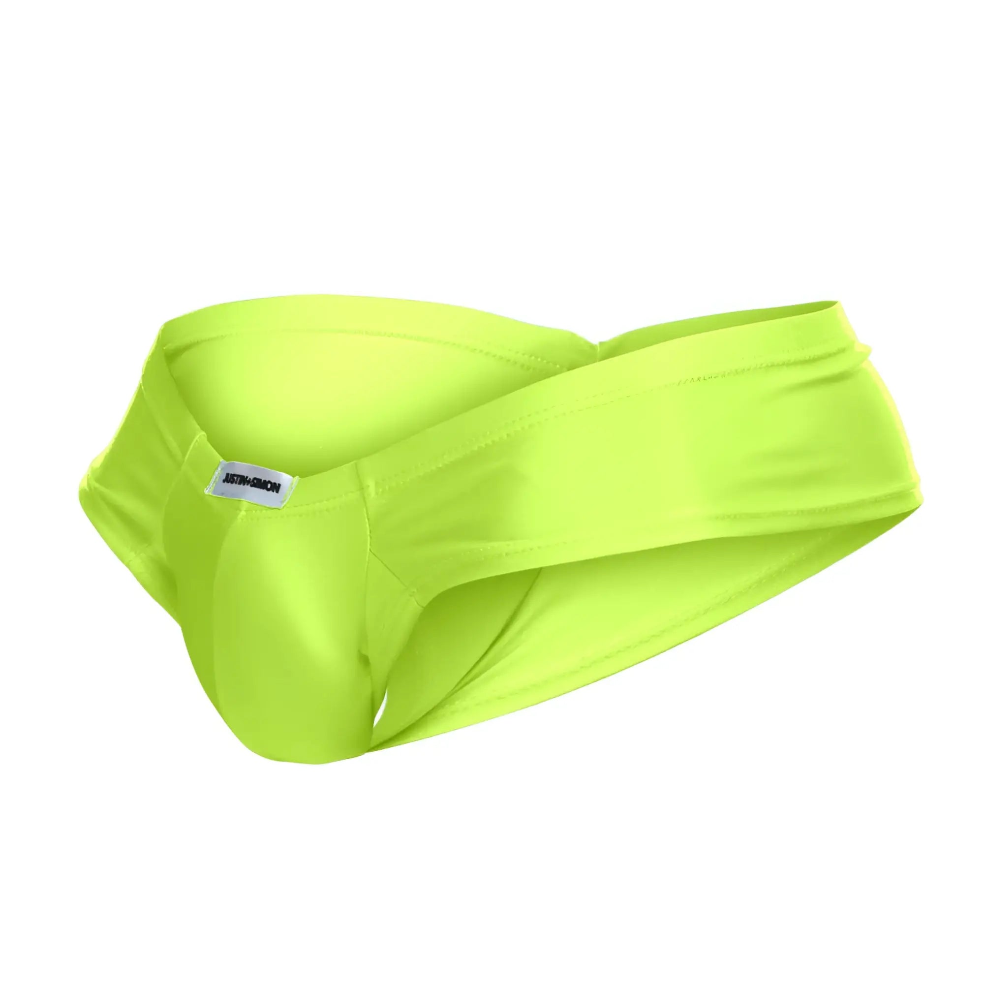 Justin+Simon XSJ22 cheek briefs in neon green with bright neon green sleek form-fitting athletic design and subtle brand tag