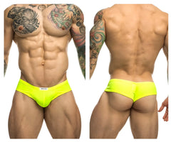 Justin+Simon XSJ22 cheek briefs in neon green bright yellow with a snug fit and white brand tag on the waistband