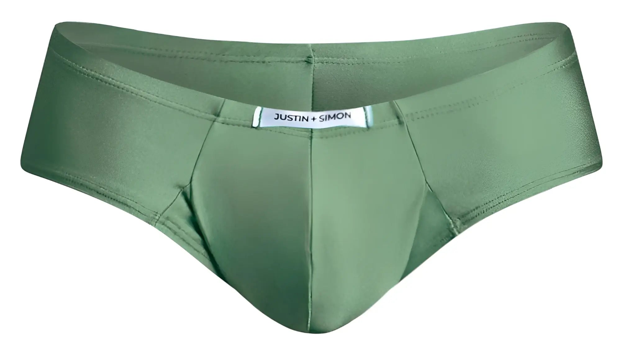 Olive green justin simon men’s briefs with smooth form-fitting fabric and subtle waistband label front view