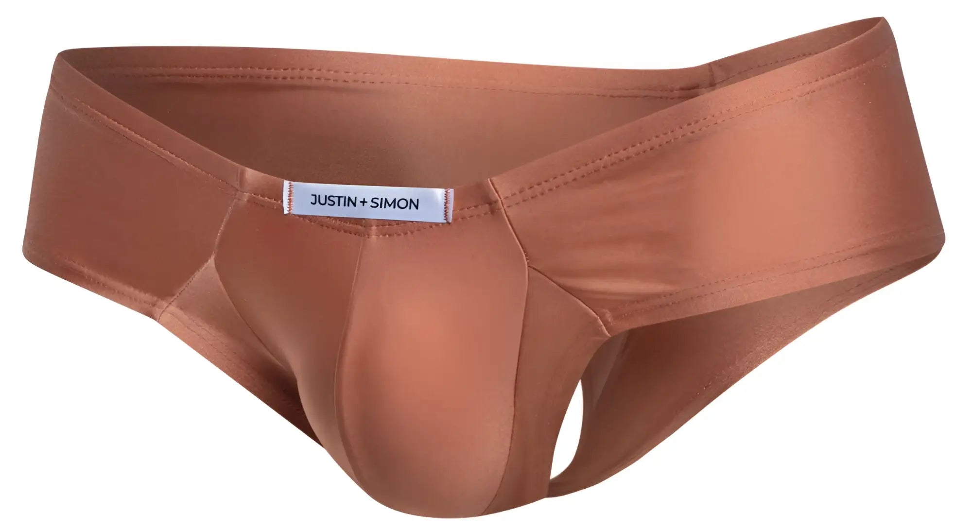 Bronze satin cheek briefs by justin simon in ochre color showcasing smooth fabric and sleek design