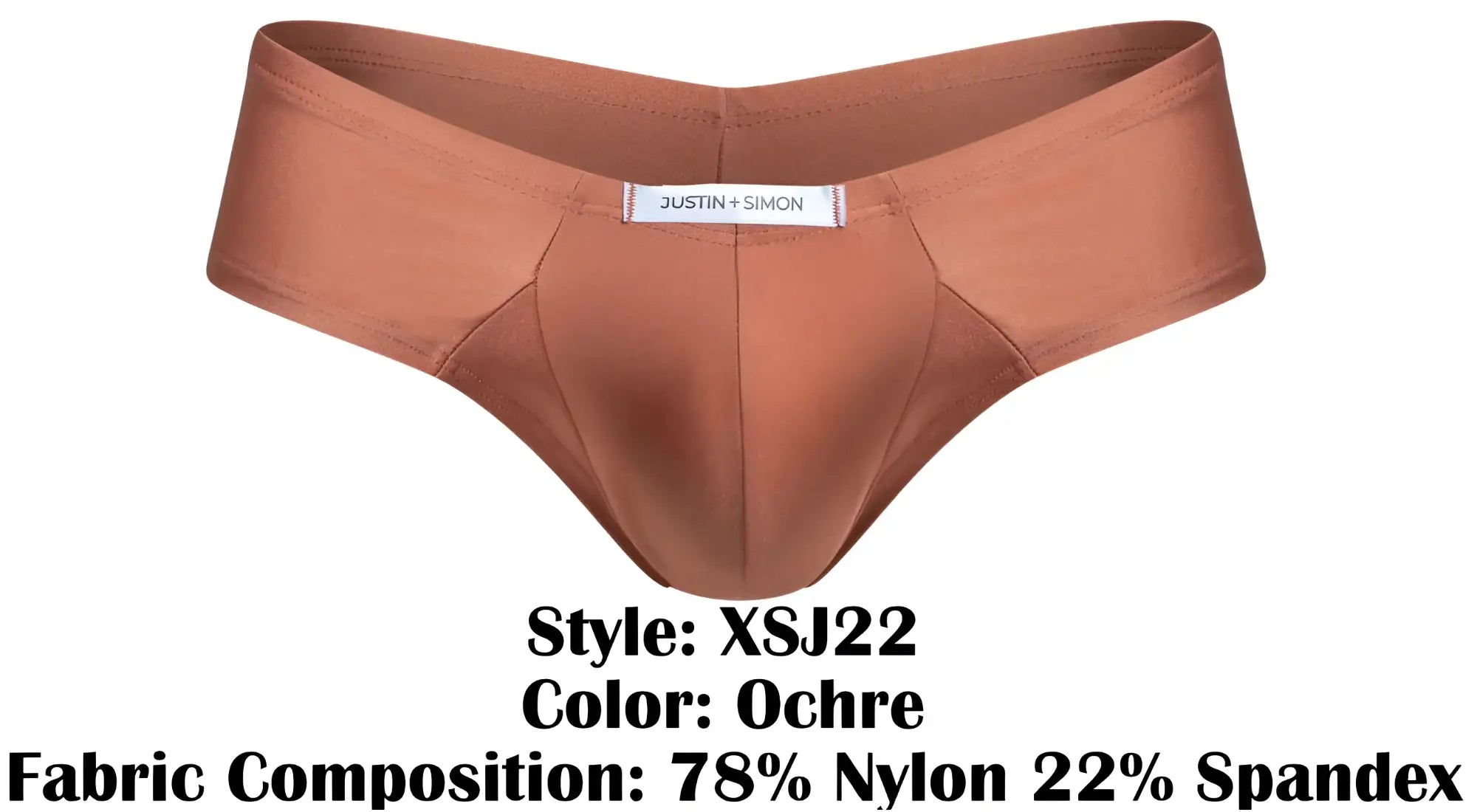 Ochre-colored form-fitting briefs by justin + simon made from 78% nylon 22% spandex for comfortable wear
