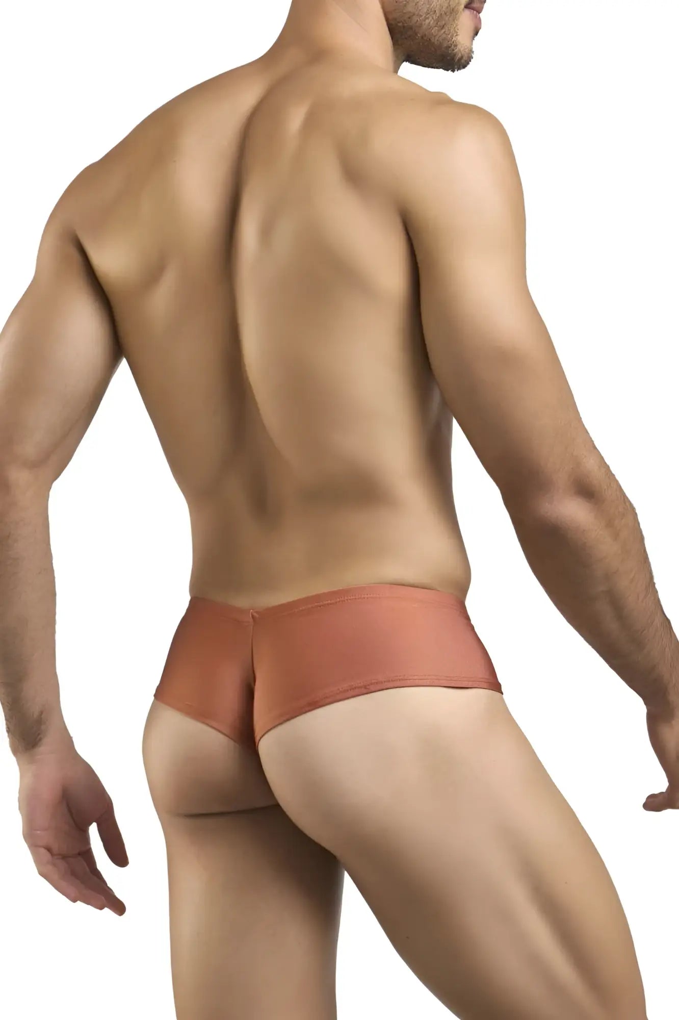 Rust-colored justin simon xsj22 ochre cheek briefs with smooth form-fitting design, front view