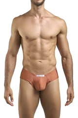 Justin simon xsj22 cheek briefs in ochre feature a sleek rust-colored smooth fabric and subtle waistband brand tag