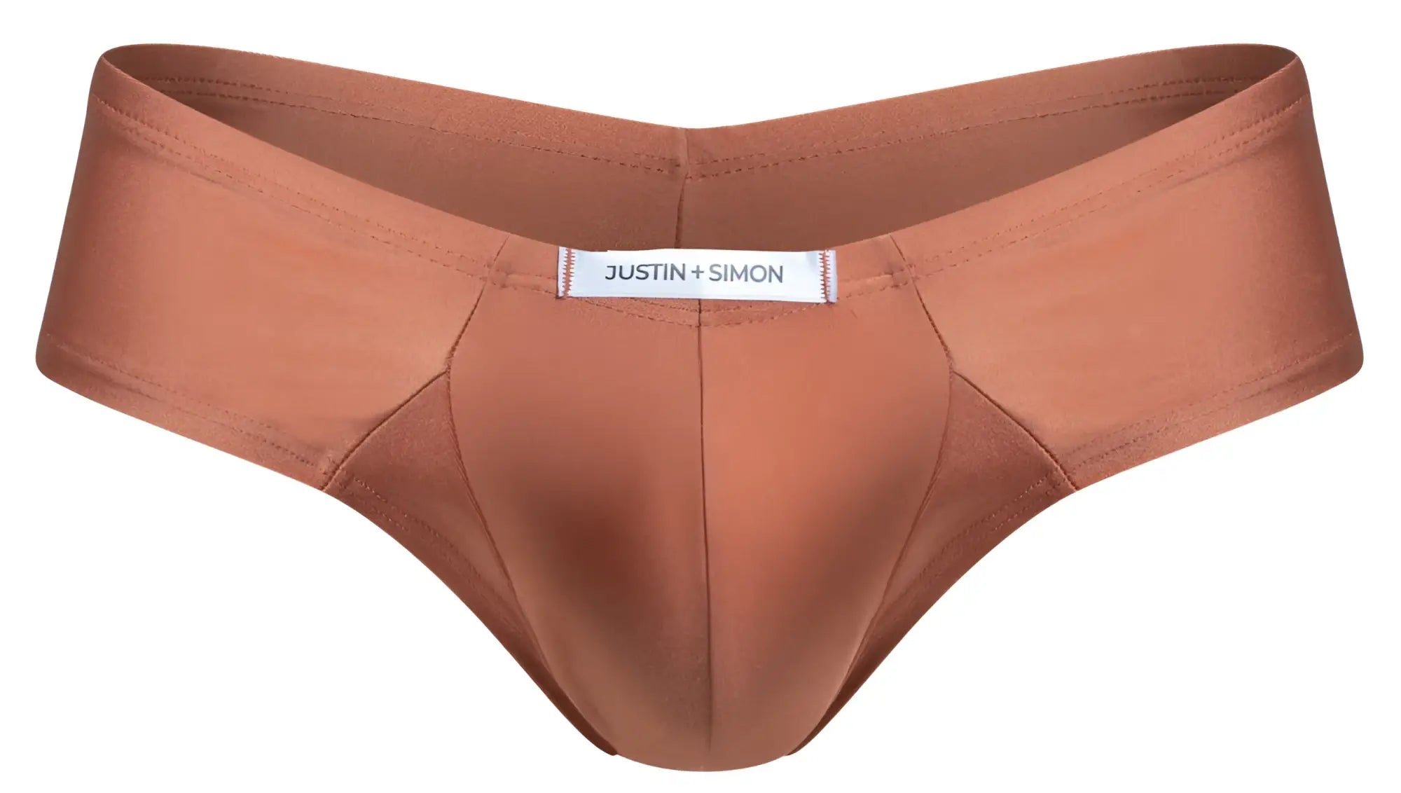 A sleek rust-colored satin cheek brief from justin and simon with a smooth form-fitting design in ochre color