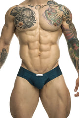 Dark teal opal green athletic cheek briefs by justin simon with white brand label on waistband