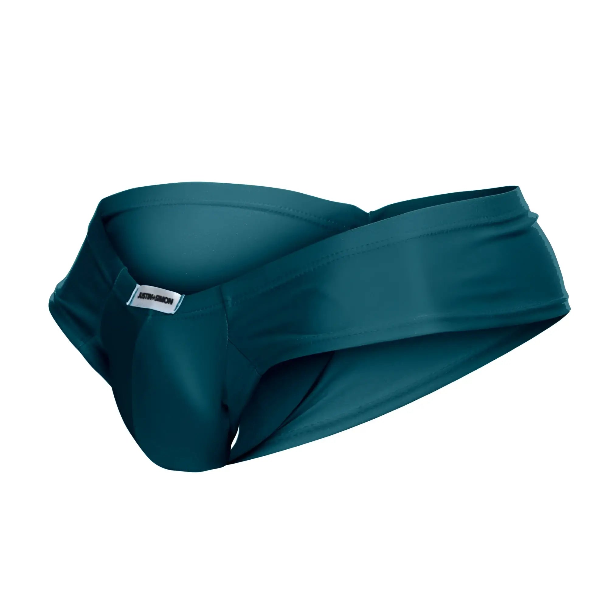 Teal-colored justin simon xsj22 cheek briefs with smooth stretchy fabric and branded waistband in opal green