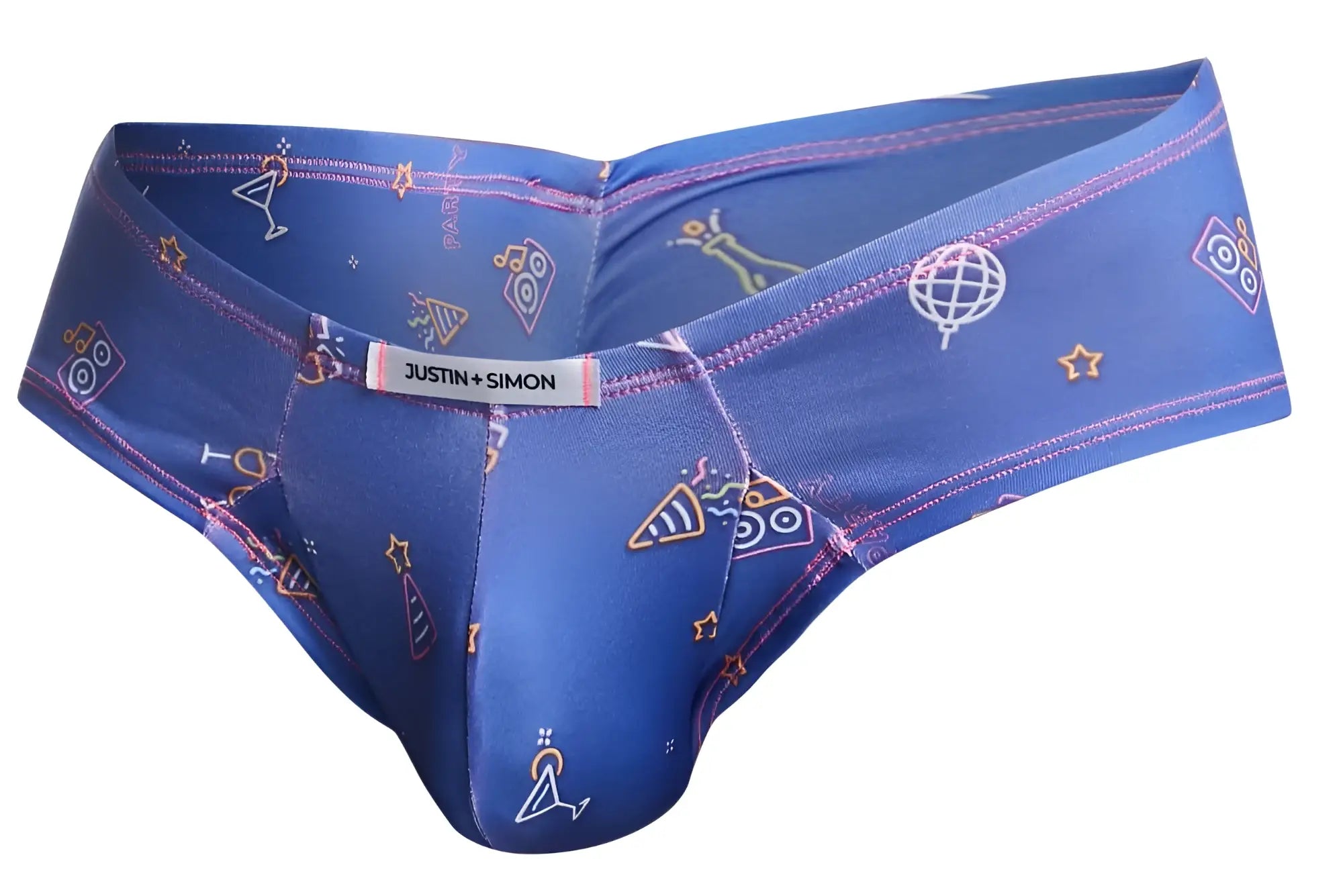 Blue justin simon men’s briefs with neon party-themed icons like martini glasses and speakers in cheek brief style
