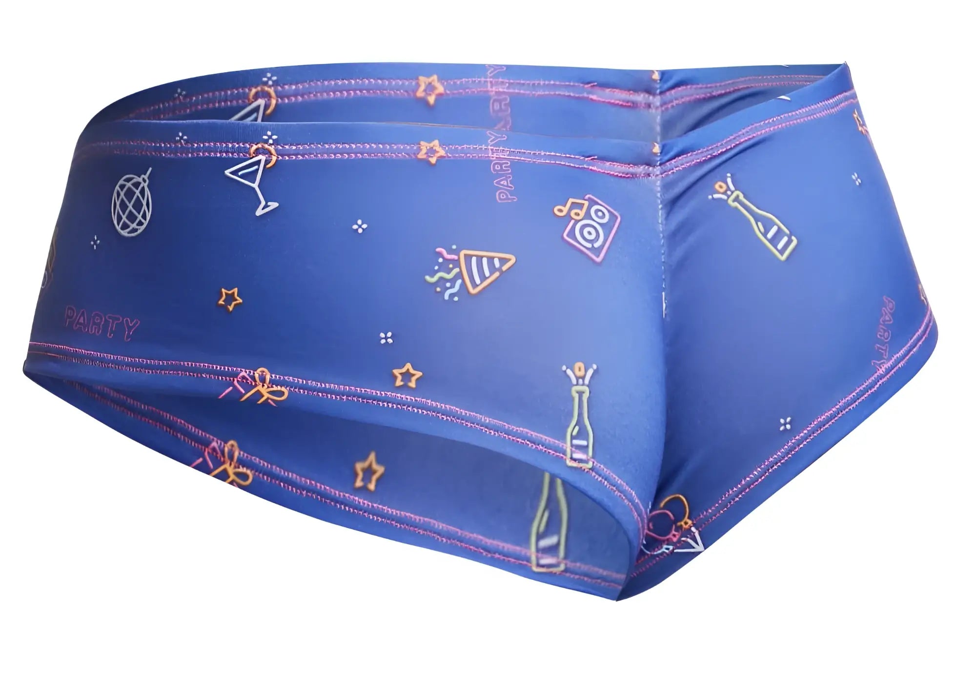 Blue men’s swim trunks with vibrant neon party pattern featuring champagne bottles martini glasses and stars from justin simon