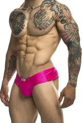 Vibrant pink satin justin simon xsj22 cheek briefs with sleek form-fitting design and white brand tag at waistband