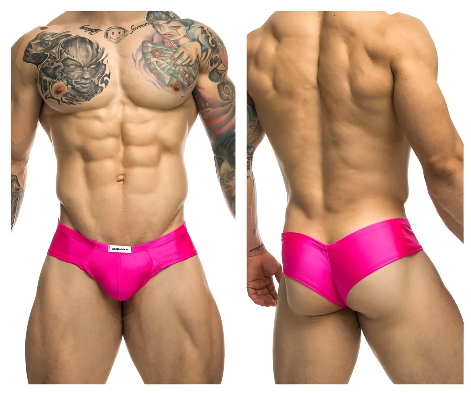Justin+Simon xsj22 cheek briefs in vibrant pink satin with a sleek form-fitting design and white brand tag at waistband