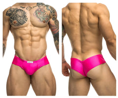 Justin+Simon xsj22 cheek briefs in vibrant pink satin with a sleek form-fitting design and white brand tag at waistband