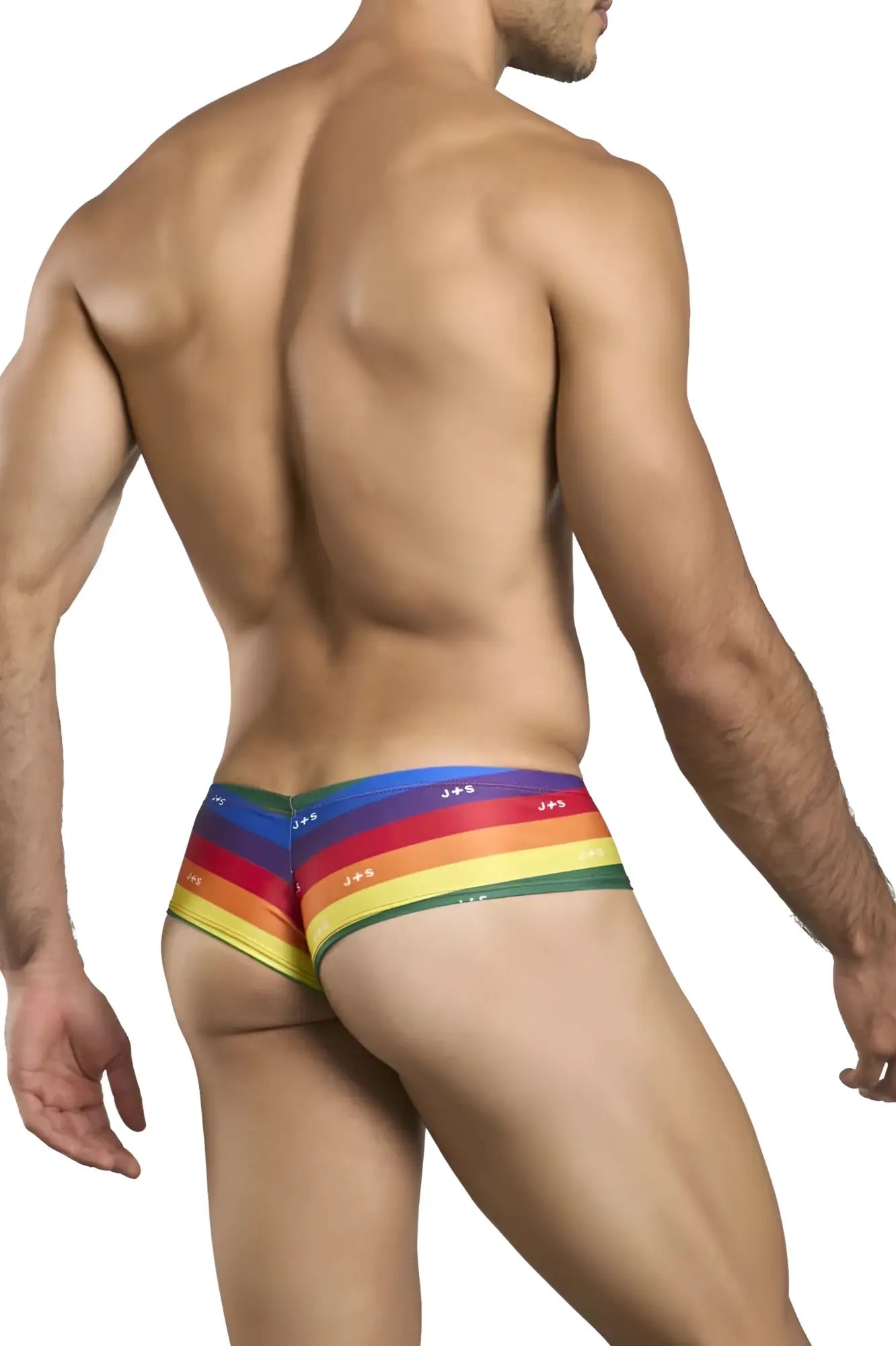 Justin plus simon xsj22 cheek briefs in rainbow-striped glossy form-fitting pride flag design