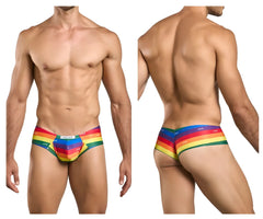 Rainbow-striped men’s briefs with bold pride flag colors and justin+simon brand name on the waistband