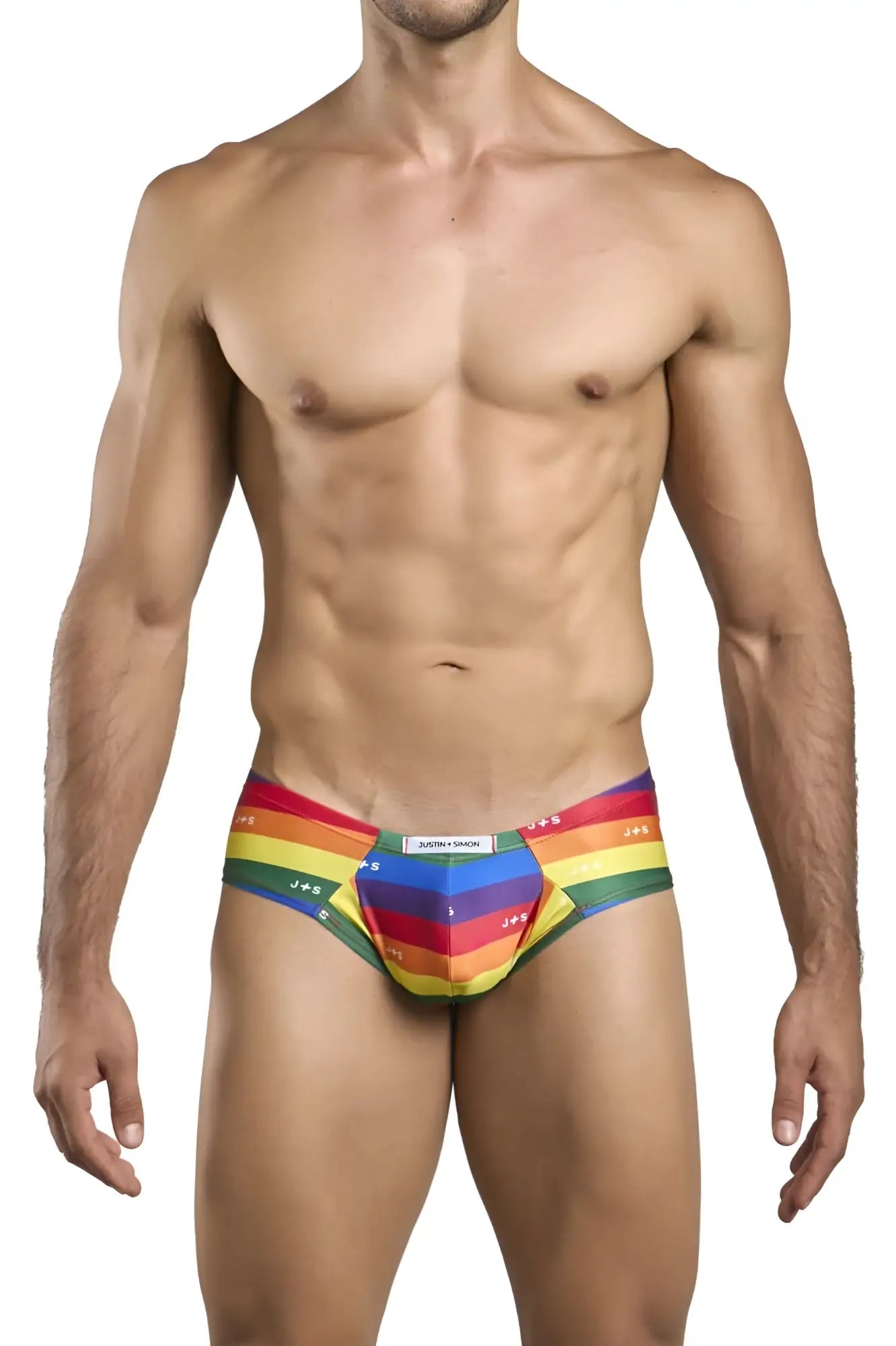Rainbow-striped men’s briefs with justin smile label on waistband from JUSTIN+SIMON XSJ22 cheek briefs color pride flag collection