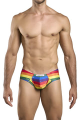 Rainbow-striped men’s briefs with justin smile label on waistband from JUSTIN+SIMON XSJ22 cheek briefs color pride flag collection