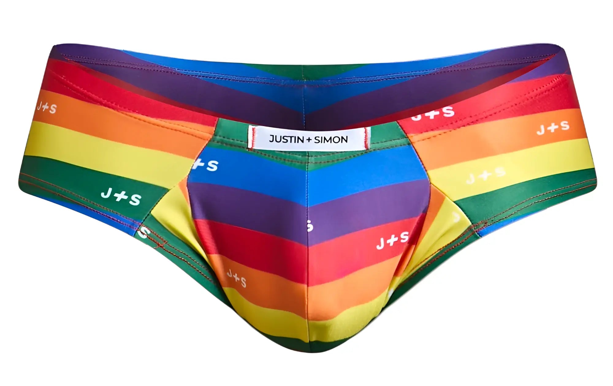 Rainbow-striped justin + simon xsj22 cheek briefs with bold diagonal pride colors and repeating j+s branding