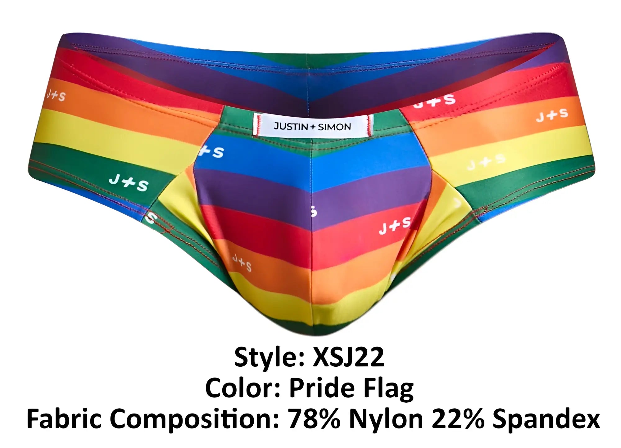 Rainbow-striped men’s briefs in pride flag colors with js logo by justin + simon in xsj22 cheek briefs design