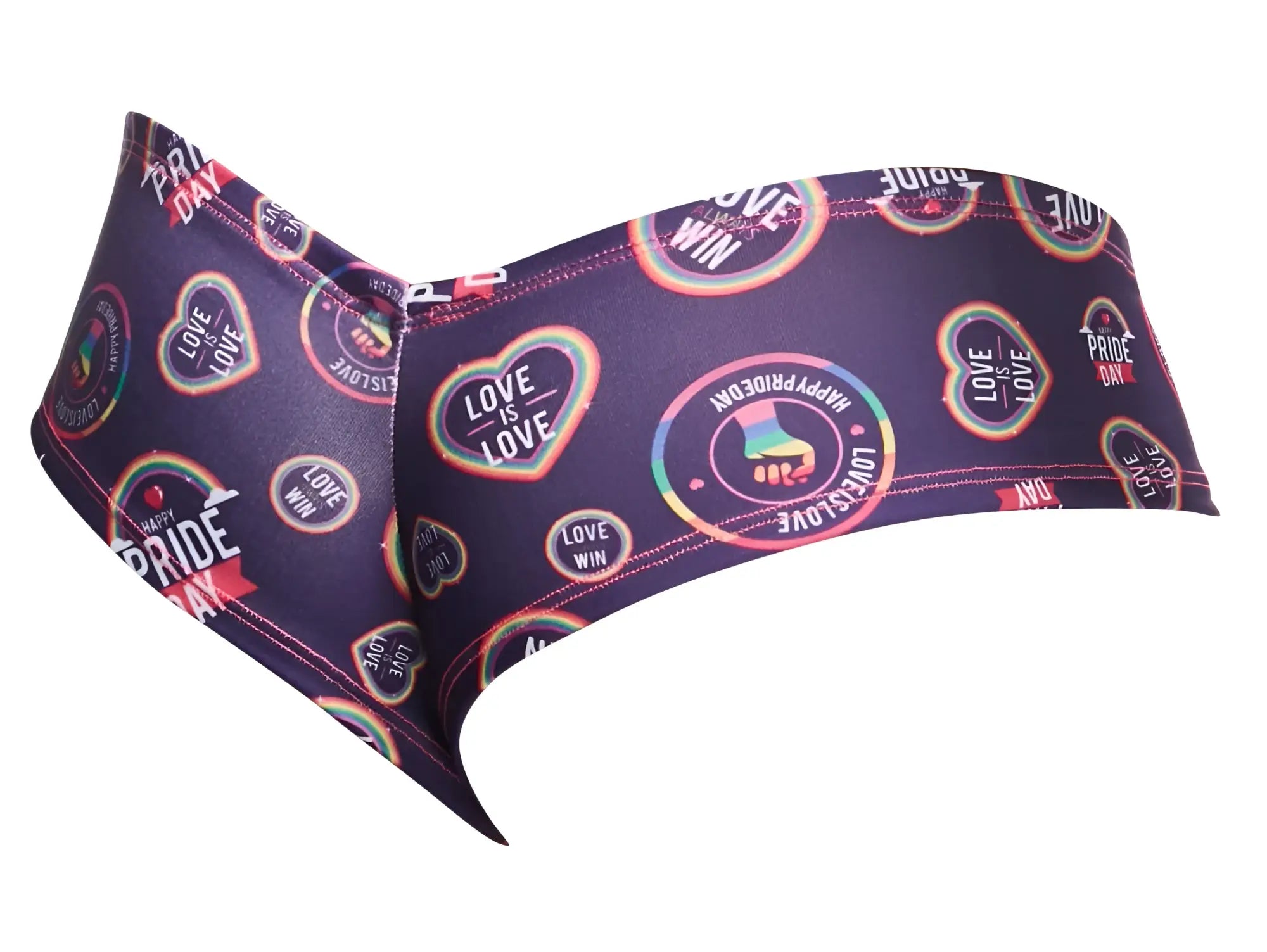 Justin simon xsj22 cheek briefs purple bikini bottom with rainbow heart pattern and love is love happy pride day text
