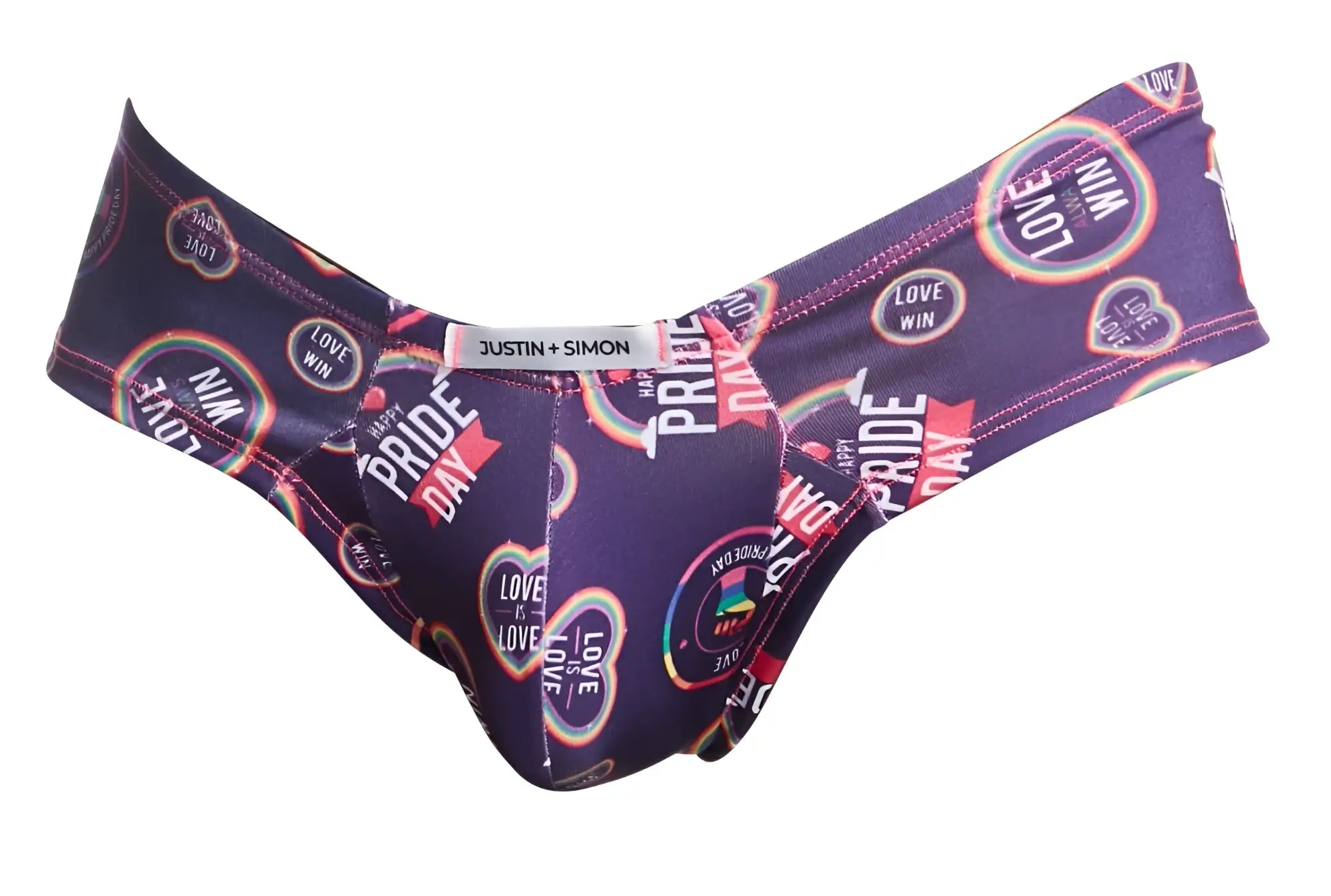 Purple justin plus simon pride day cheek briefs with rainbow love win graphics for pride celebration