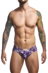 Purple patterned men’s briefs with vibrant hearts and pride text in pink white and black from JUSTIN+SIMON XSJ22 Cheek Briefs
