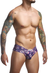 Justin simon xsj22 cheek briefs in purple with vibrant circular pride and heart motifs for men