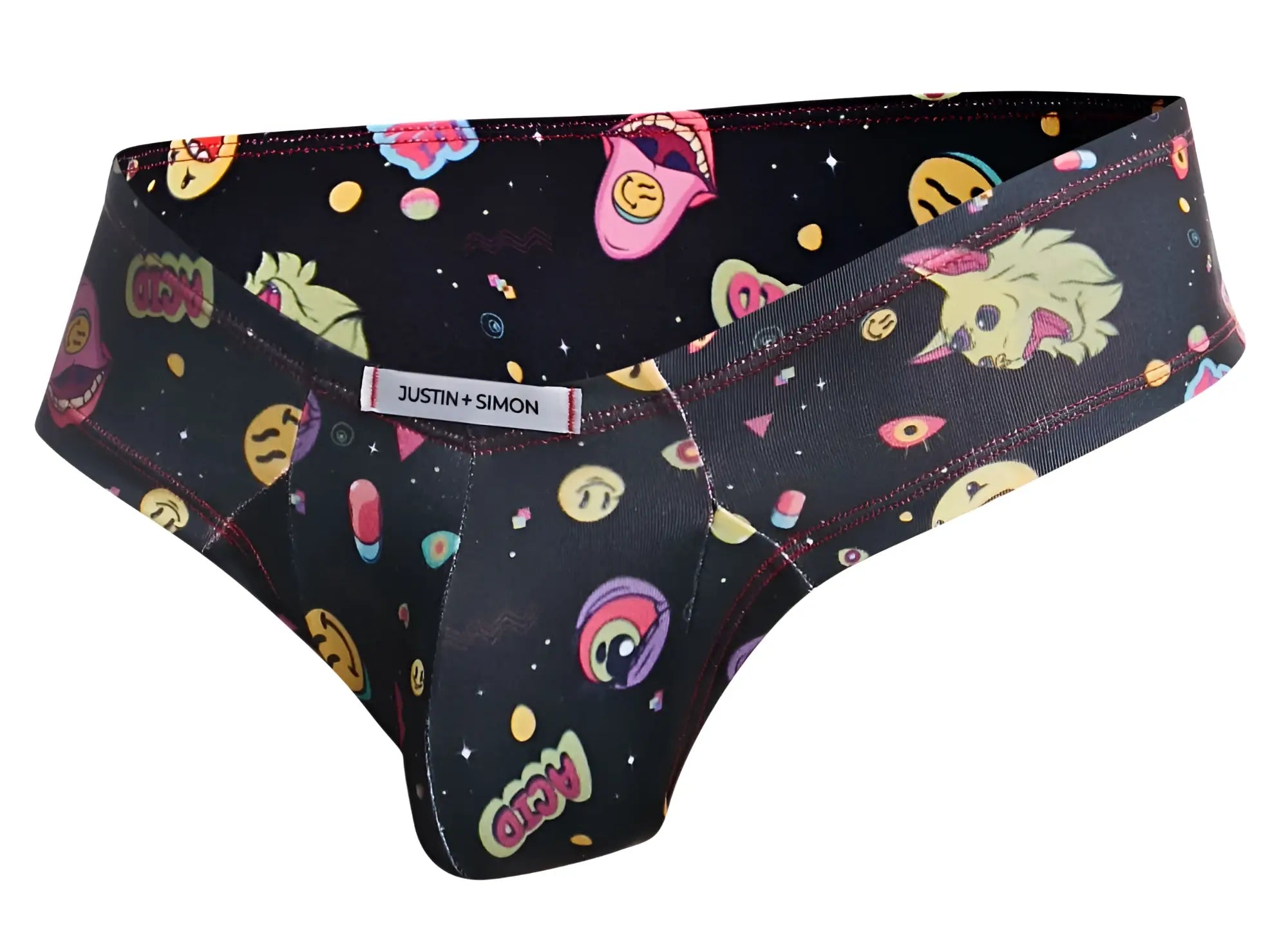 Black justin simon xsj22 cheek briefs with vibrant cosmic print featuring cartoon faces and planets in psychedelic colors