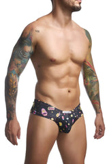 Black men’s briefs justin simon xsj22 cheek briefs color psychedelic with colorful cartoon faces and space patterns