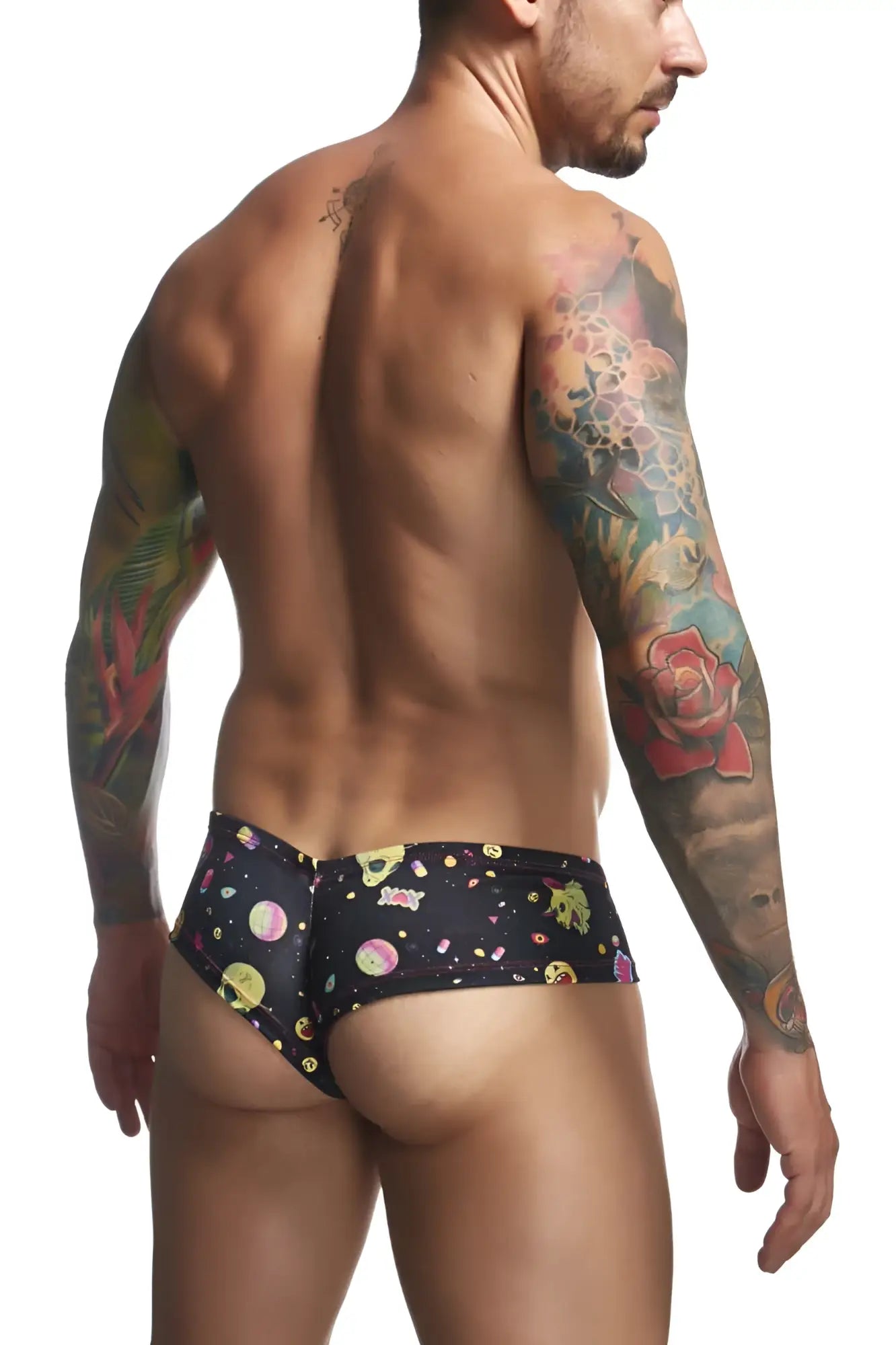 Justin+Simon XSJ22 cheer briefs black swim trunks with vibrant cosmic pattern featuring colorful planets and stars