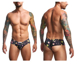 Black briefs featuring vibrant colorful cosmic pattern with planets and stars from Justin+Simon XSJ22 cheek briefs color Psycodelic