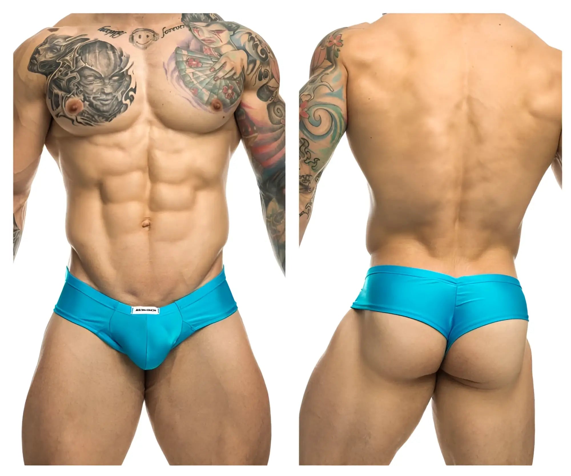 Bright turquoise justin simon xsj22 cheek briefs with sleek form-fitting design and white brand tag at waistband
