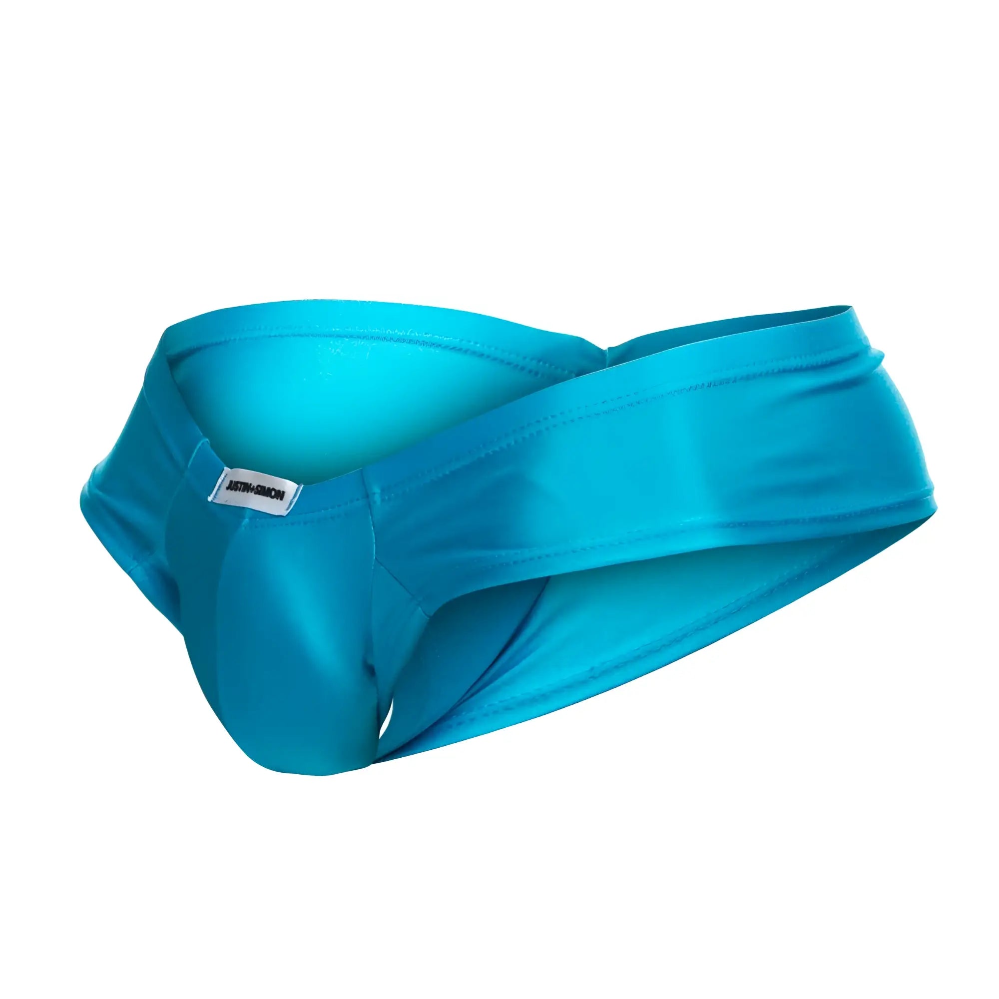 Justin+Simon XSJ22 cheek briefs in bright turquoise satin-like fabric with a sleek form-fitting design and white waistband label
