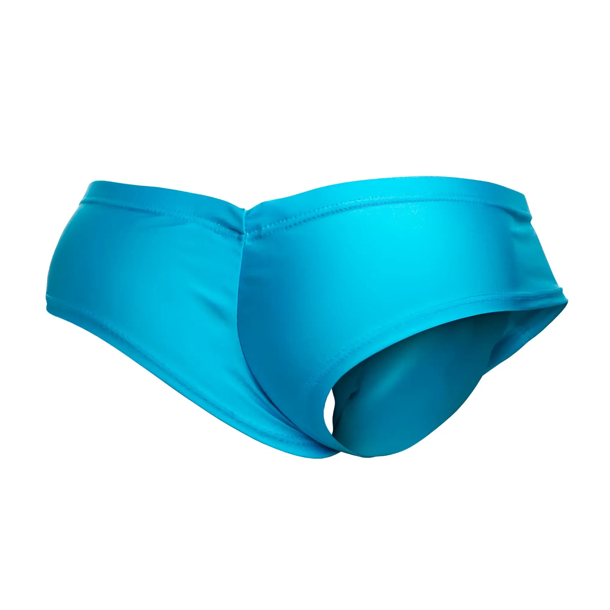 Bright turquoise JUSTIN SIMON XSJ22 cheek briefs with smooth glossy fabric finish perfect for swimwear use