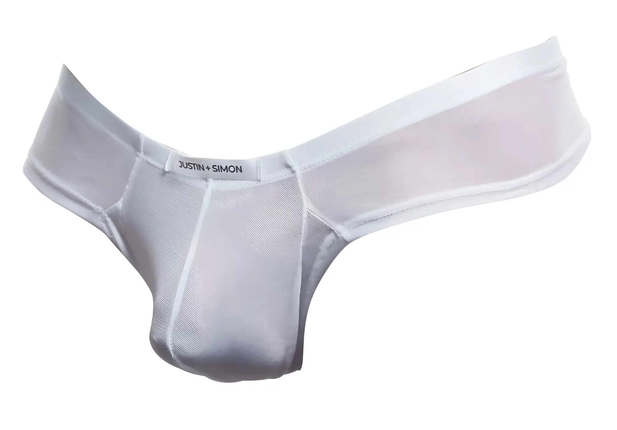 White sheer mesh thong by justin and simon featuring cheek briefs style in white mesh fabric front view