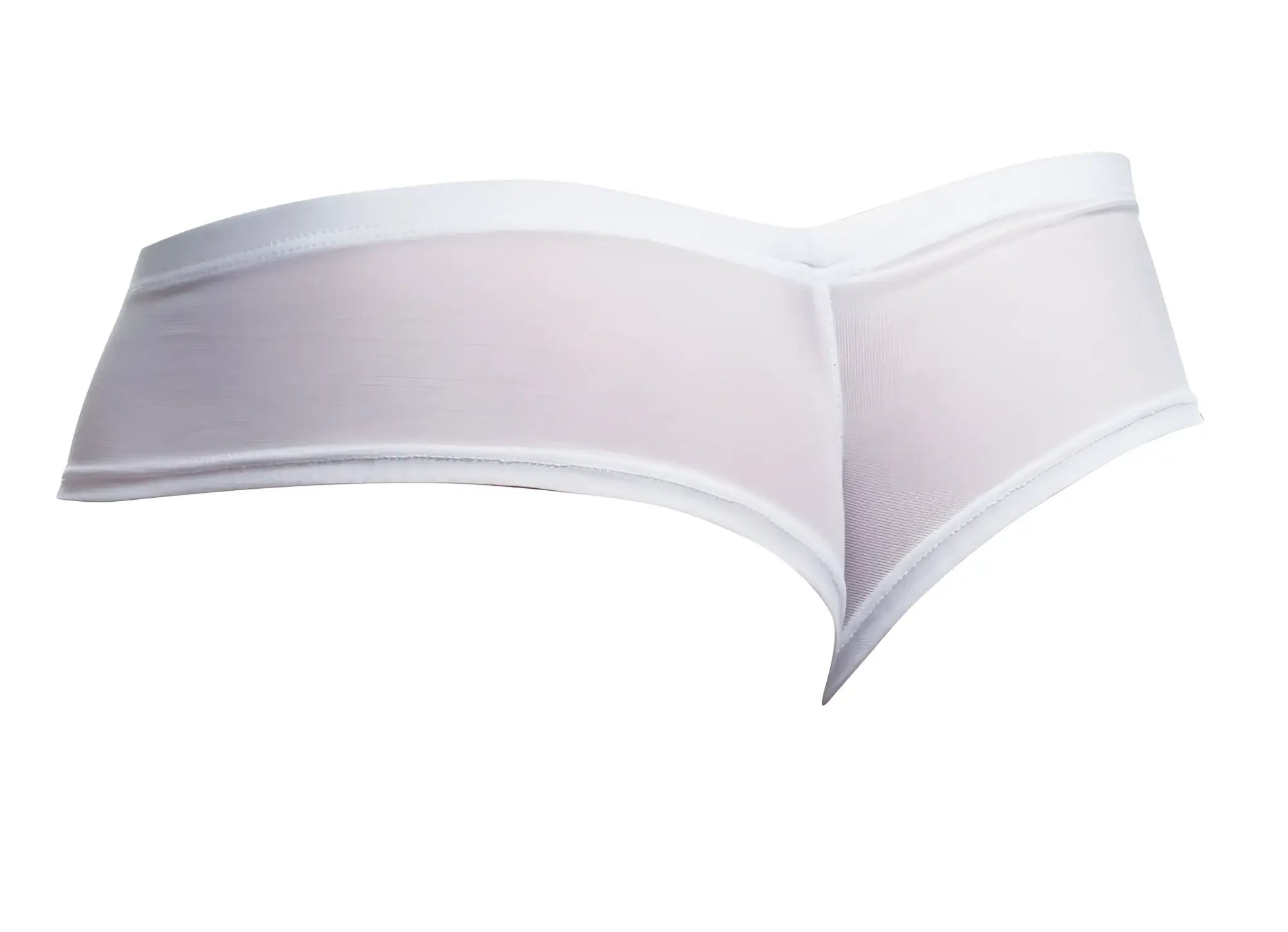 White sheer mesh thong cheek briefs with solid white elastic waistband and trim by justin simon in white mesh