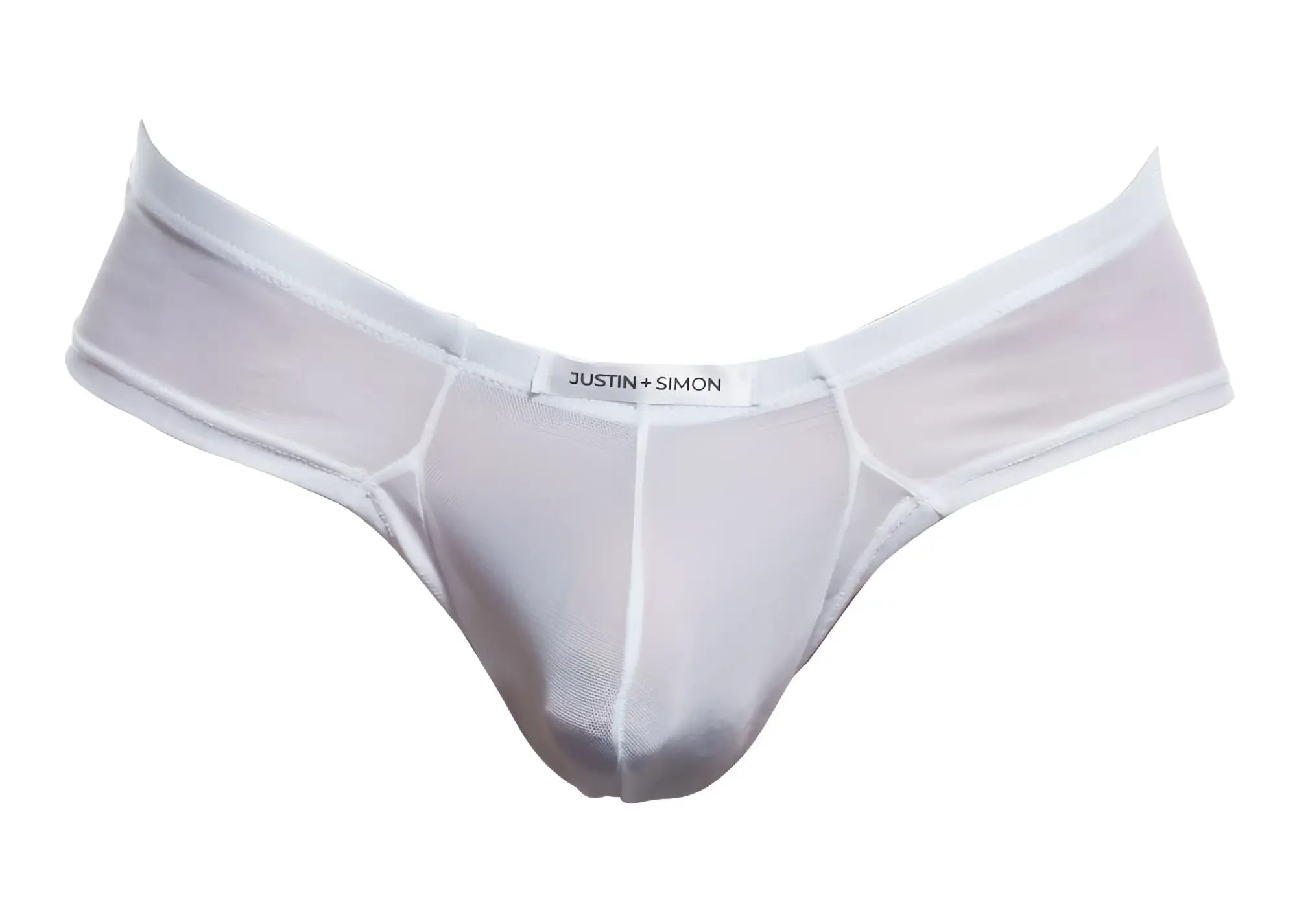 White mesh thong by justin simon featuring cheek briefs design in white mesh fabric showing the front side