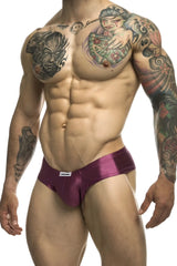 Purple satin cheek briefs with a small white justin simon brand tag on the waistband color wine
