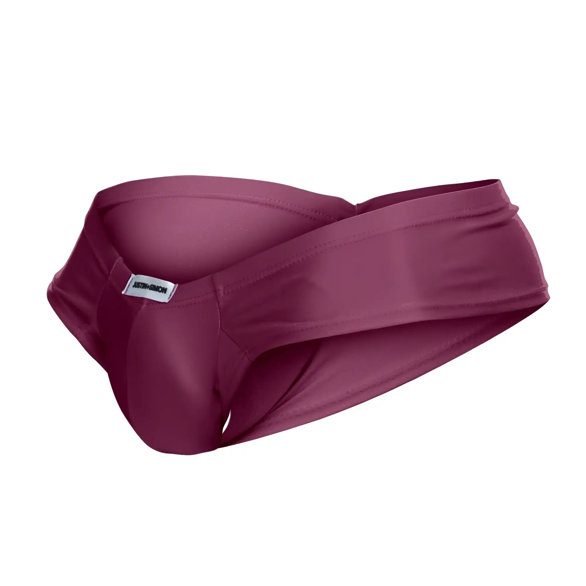 Justin simon xsj22 cheek briefs in wine color featuring sleek satin fabric and elastic waistband for men