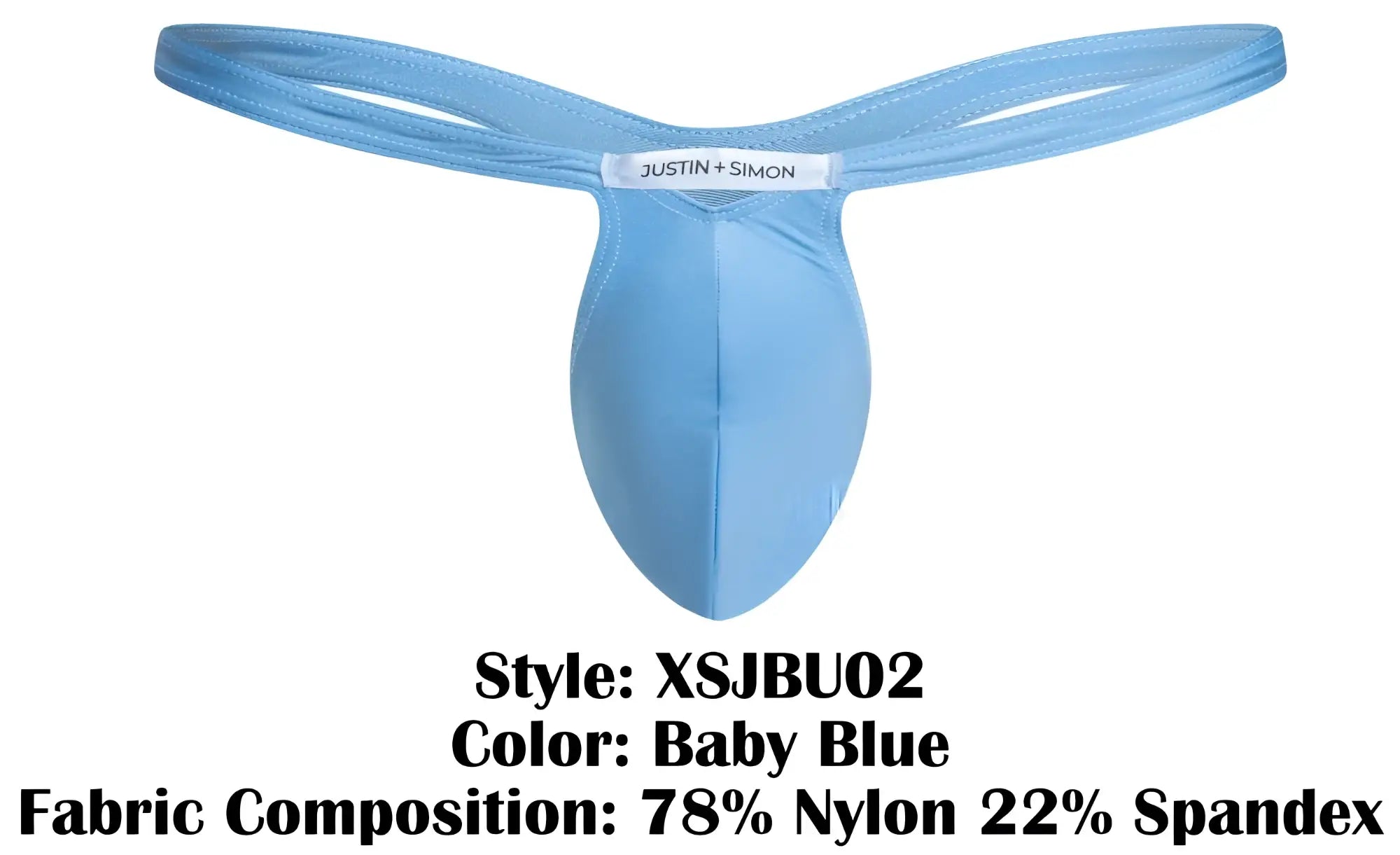 Baby blue justin plus simon bulge thong in stretchy nylon and spandex blend shown from the back side